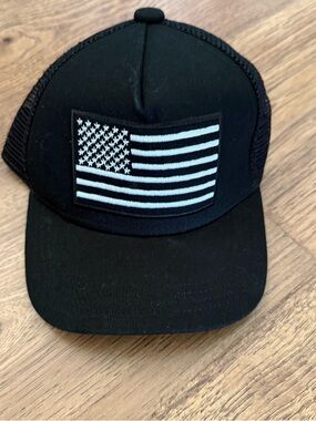 Knuckleheads Black Trucker Hat with Embroidered American Flag Patch